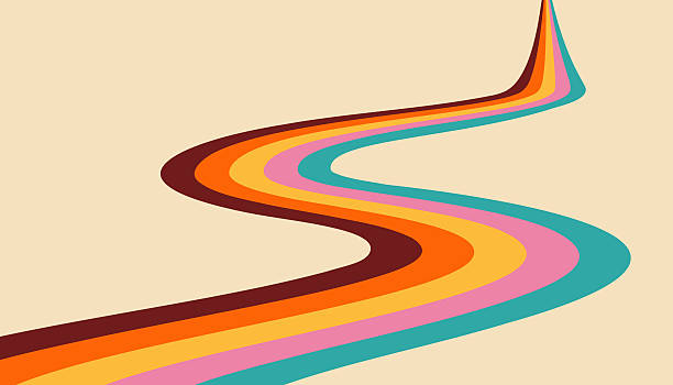 Abstract vector background with rainbow stripes receding into the distance in perspective. 1970s retrofuturism style. Wallpaper for posters, wall art, banners, and illustrations in retro colors.