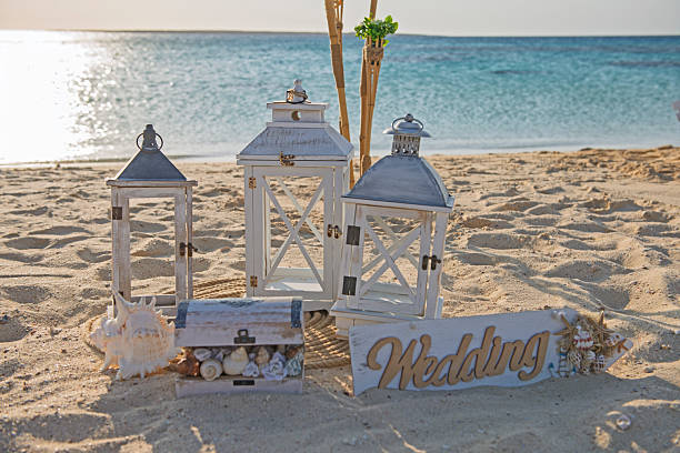 Groom and bride in wedding ceremony on the beach