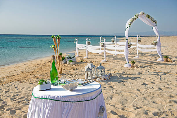 istock White wedding aisle setup on tropical beach with ocean background 2241626445