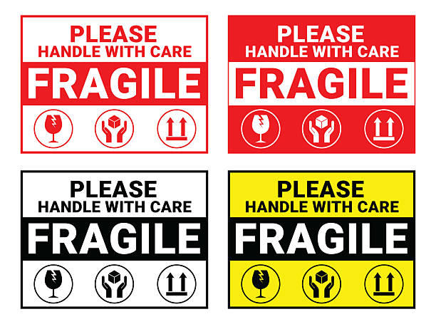 istock Fragile package icons set, handle with care logistics and delivery shipping labels. Fragile box, keep dry umbrella, cargo warning vector signs 2241629786