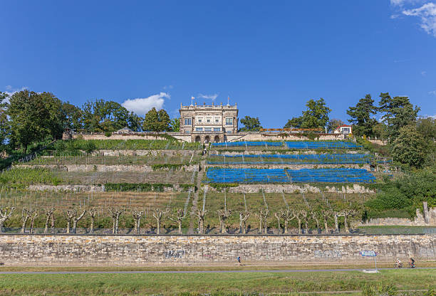 Pillnitz castle in Dresden with the mountain palais and the great castle park - Germany.