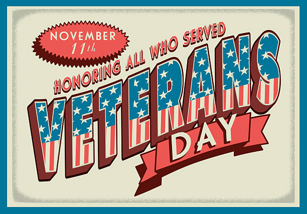 istock Veterans Day retro 3D war time postcard style web banner design with patriotic American themed typography and waving flag 2241636325