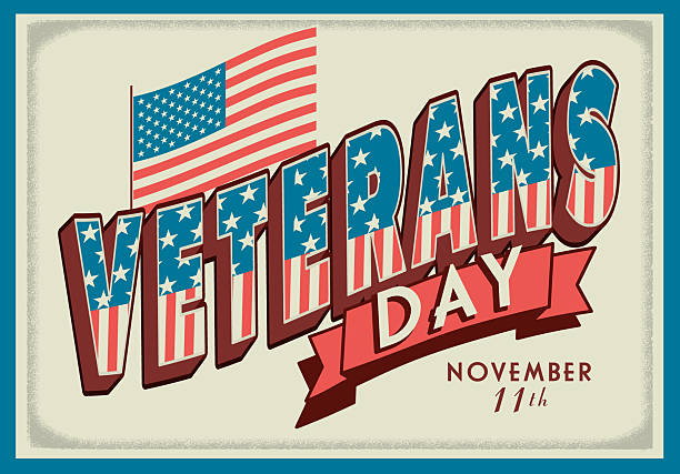 istock Veterans Day retro 3D war time postcard style web banner design with patriotic American themed typography and waving flag 2241636398