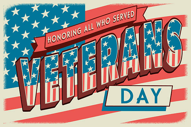 Vector illustration of a Veterans Day retro 3D war time postcard style web banner design with patriotic American themed typography and waving flag. Download also includes high resolution jpg.