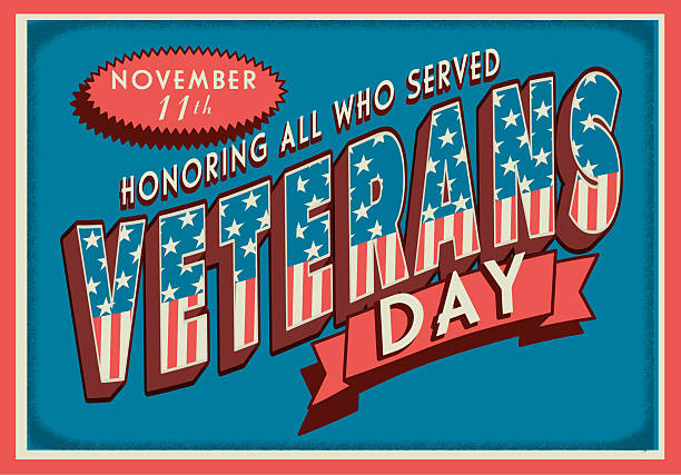 istock Veterans Day retro 3D war time postcard style web banner design with patriotic American themed typography and waving flag 2241636481