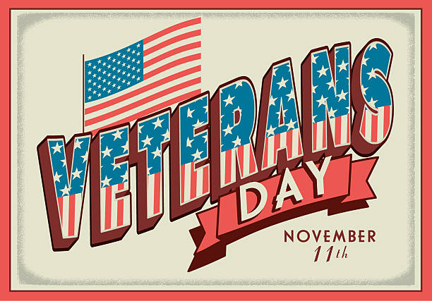 istock Veterans Day retro 3D war time postcard style web banner design with patriotic American themed typography and waving flag 2241636538