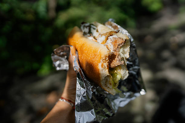 istock Hand holding baguette sandwich wrapped outdoors 2241639868