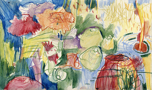 istock Hand drawn floral garden artwork in watercolor and colored pencil, expressive abstract composition 2241642804