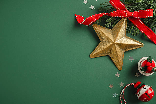 istock Christmas abstract background, flat lay frame composition with gifts boxes and festive decorative stars, copy space 2241644856