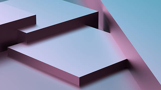 Abstract geometric shapes in metallic with reflections, square straight figures, three-dimensional with shadows and reflections. Futuristic minimalist background, pink and blue neon, wallpaper. 3D render