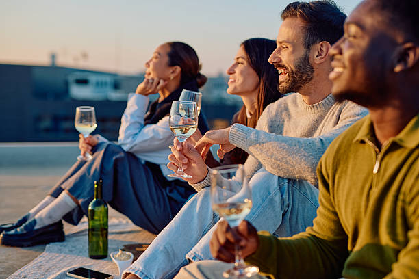 istock Diverse friends celebrating rooftop party enjoying sunset 2241649052