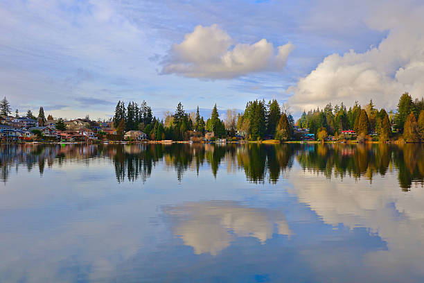 A vivid autumn panorama of Martha Lake, WA, displays glassy reflections of colorful deciduous and evergreen trees, lakeside homes, and dramatic clouds beneath a blue sky in tranquil Snohomish County.