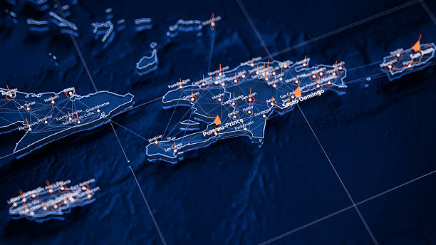 Port-au-Prince map big data visualization. Futuristic map infographic of city in Haiti. Visual map data complexity in modern blue and orange colors