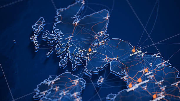 istock Glasgow map big data visualization. Futuristic map infographic of city in England. Visual map data complexity in modern blue and orange colors 2241651159