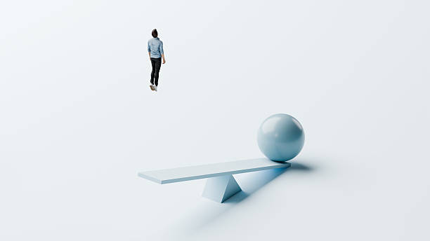 istock Man catapulted upward from seesaw by large ball, gaining higher perspective broad vision and strategic overview, surreal concept, 3d render 2241652626