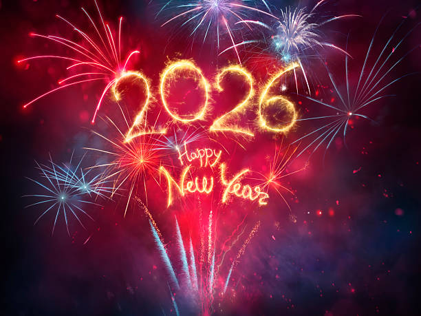 istock 2026 Happy New Year Celebration With Red And Blue Firework In Eve Night 2241658467