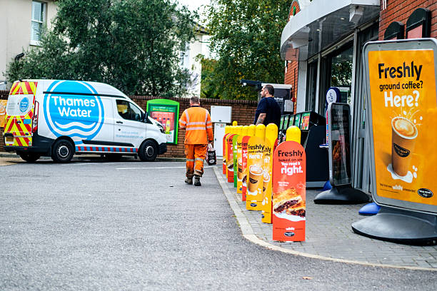 Epsom, London UK, October 17 2025,  Thames Water Van Parked In BP Petrol Station
