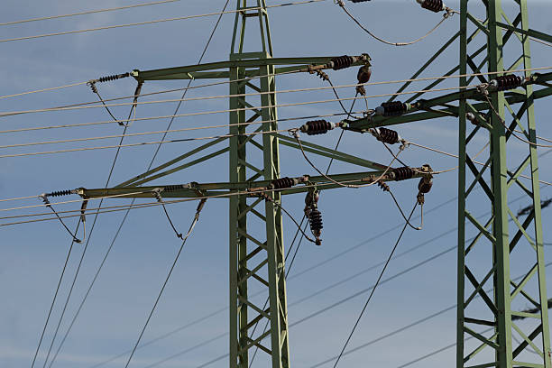 istock transmission tower with insulators, focused image of power line 2241658884