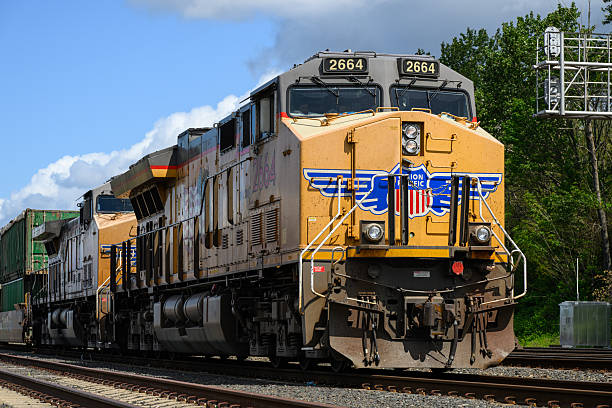 Seattle - May 18, 2025; Union Pacific freight train locomotive in closeup working intermodal cargo