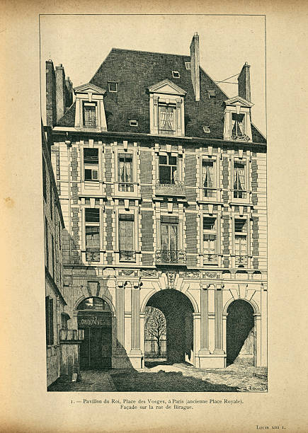 History of Architecture, French Louis XIII style, Pavillon du Roi, PLace de Vosges, Paris, Facade, Vintage illustraion, 19th Century, History