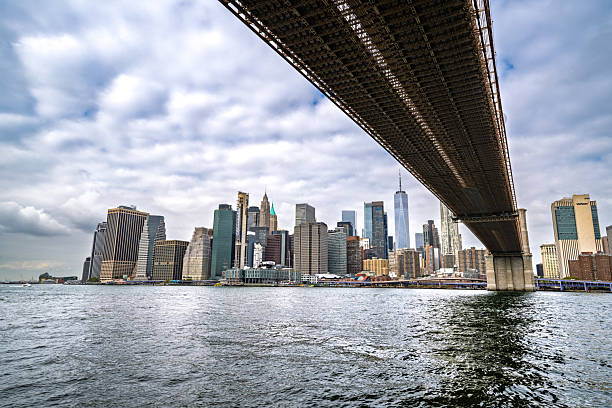 A scenic view of the Brooklyn Bridge extending over the East River, with the skyline of Lower Manhattan visible in the background. The composition highlights the bridge’s iconic architecture and the contrast between the historic structure and modern skyscrapers, including One World Trade Center. Captured on a partly cloudy day in New York City, United States.