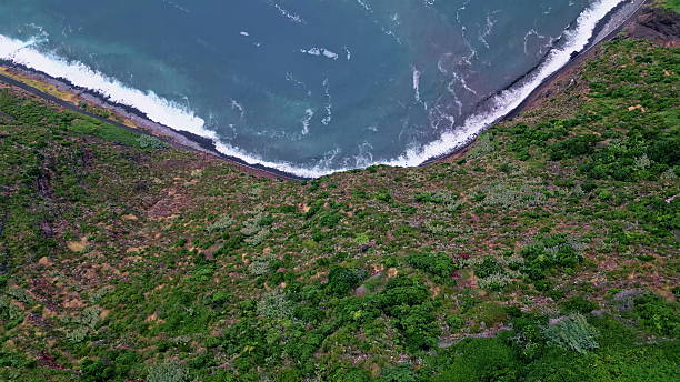 istock Foaming turquoise sea splashing at stoned cliffs. Aerial top view wild mountains 2241668072