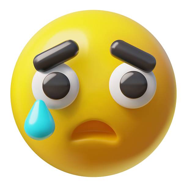 istock Unhappy emoji emoticon realistic vector 3D design, cartoon yellow sad face with a tear, weep avatar afflicted expression 2241670955