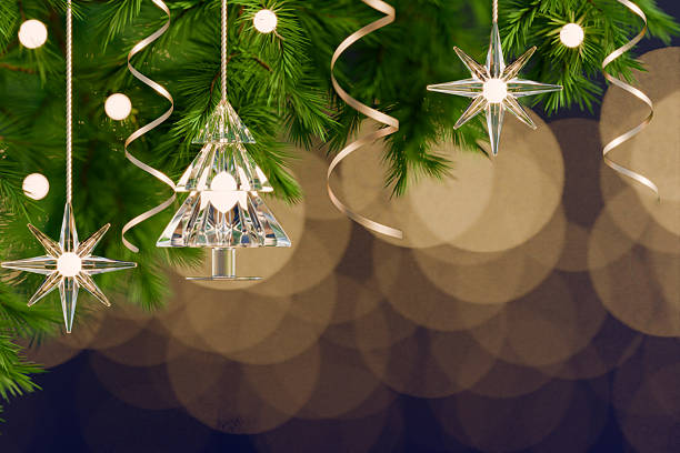 Christmas holiday scene with festive pine branches adorned with starshaped lights and crystal ornaments. 3d rendering