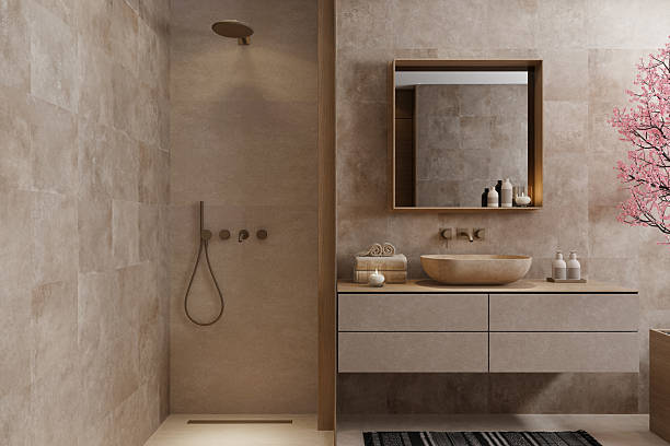 istock Japandi Bathroom Interior with Cherry Blossom Tree Sakura and Beige Natural Minimal Design 2241674587