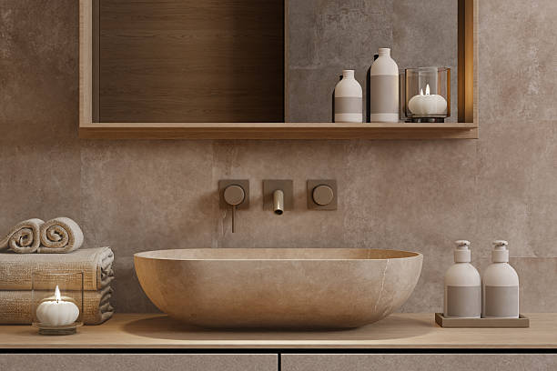 istock Japandi Bathroom Interior with Cherry Blossom Tree Sakura and Beige Natural Minimal Design 2241674954