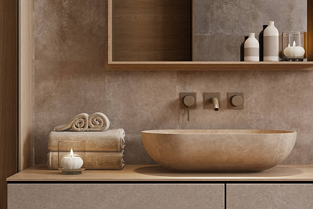 istock Japandi Bathroom Interior with Cherry Blossom Tree Sakura and Beige Natural Minimal Design 2241674962