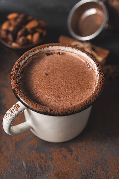 istock Hot chocolate in white enamel mug on dark rustic surface with nuts, cocoa powder, cinnamon sticks and cupcake, seasonal cozy winter drink concept 2241679010