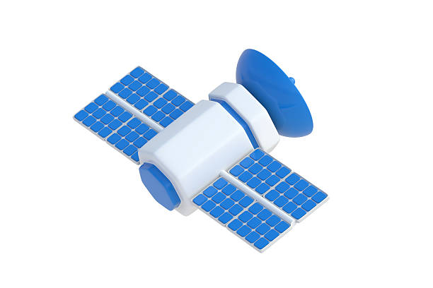 Satellite isolated on white background. Space exploration equipment. Global communication. Antenna for broadcasting and data transmission. Back view. 3d render