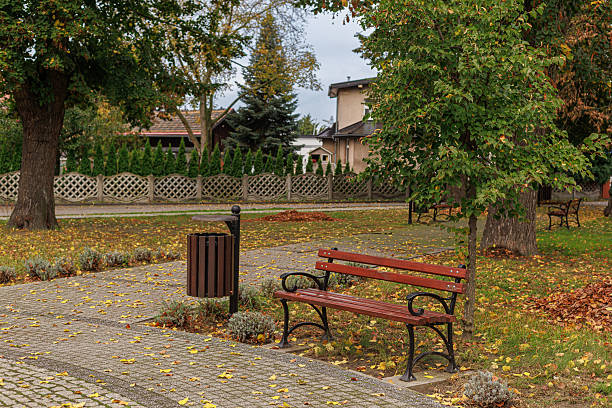 istock Empty bench in autumn city park 2241682331