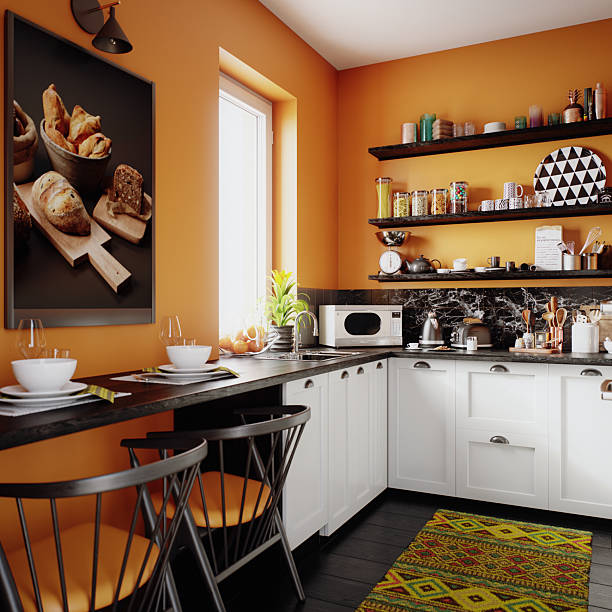 istock Sunlit Orange Kitchen Breakfast Bar with White Cabinets and Open Shelves 2241685868