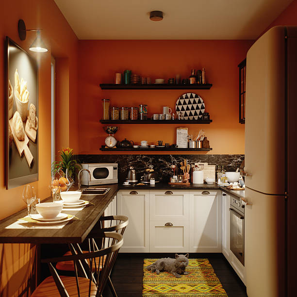 istock Cozy Orange Kitchen at Dusk with Retro Fridge and Cat on Patterned Rug 2241687275
