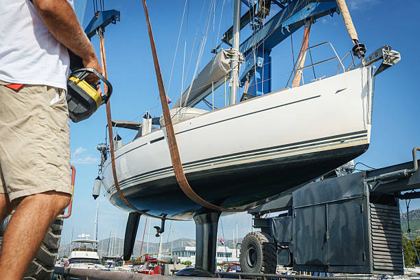 The yacht lifted ashore by a sailboat lift for the repair and maintenance of the underwater part of the hull