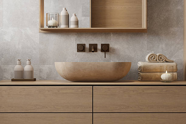 istock Japandi Bathroom Interior with Natural Wood and Minimal Design 2241693478