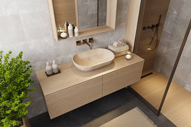 istock Japandi Bathroom Interior with Natural Wood and Minimal Design 2241693484
