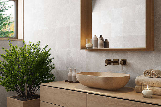 istock Japandi Bathroom Interior with Natural Wood and Minimal Design 2241693521
