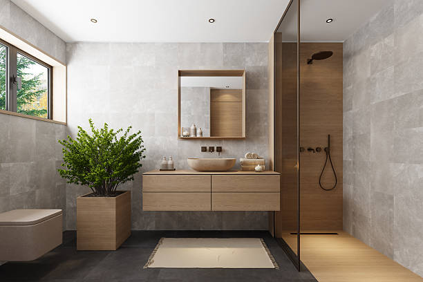 istock Japandi Bathroom Interior with Natural Wood and Minimal Design 2241693526