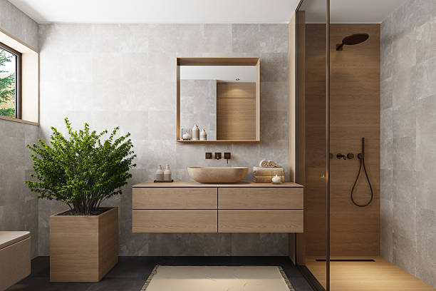 istock Japandi Bathroom Interior with Natural Wood and Minimal Design 2241693527