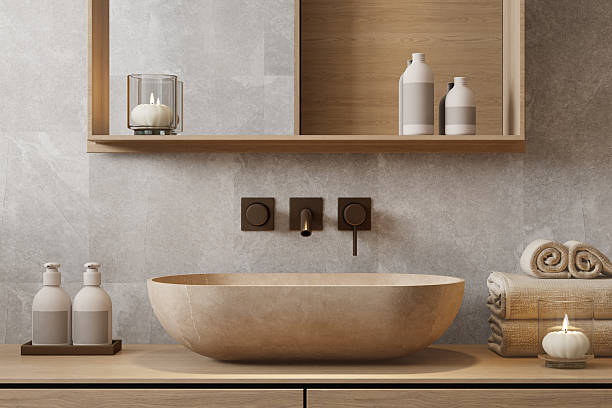istock Japandi Bathroom Interior with Natural Wood and Minimal Design 2241693534
