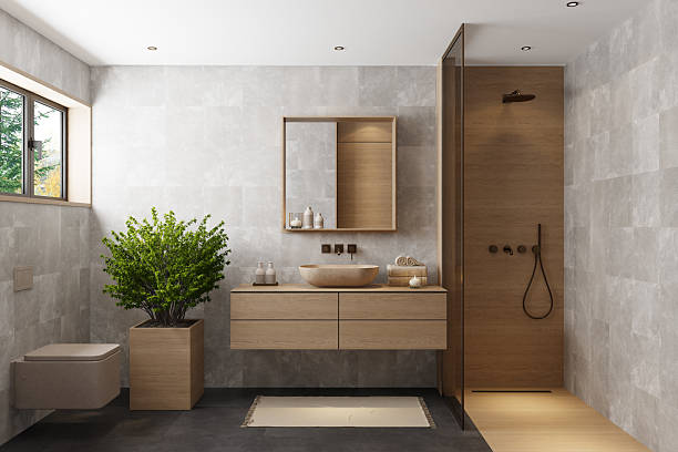 istock Japandi Bathroom Interior with Natural Wood and Minimal Design 2241693545