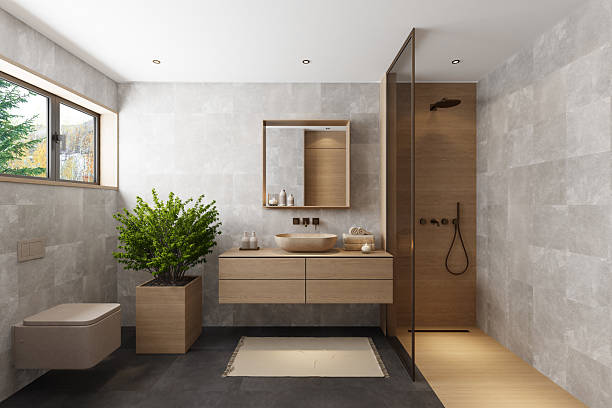 istock Japandi Bathroom Interior with Natural Wood and Minimal Design 2241693553