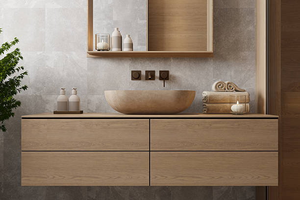 istock Japandi Bathroom Interior with Natural Wood and Minimal Design 2241693576