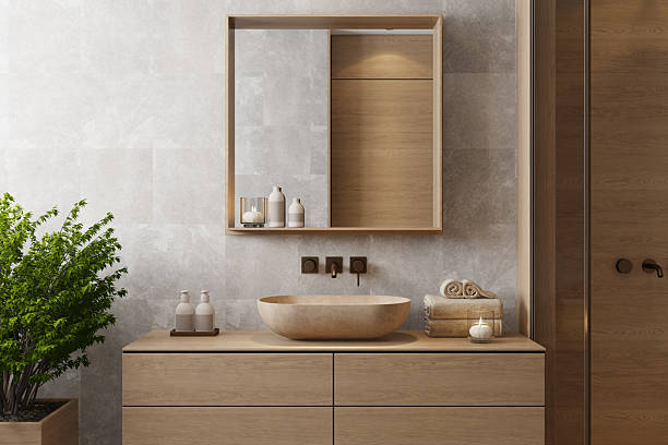 istock Japandi Bathroom Interior with Natural Wood and Minimal Design 2241693579