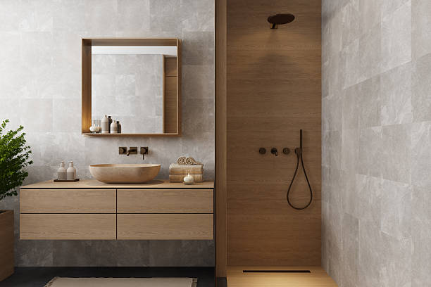 istock Japandi Bathroom Interior with Natural Wood and Minimal Design 2241693580