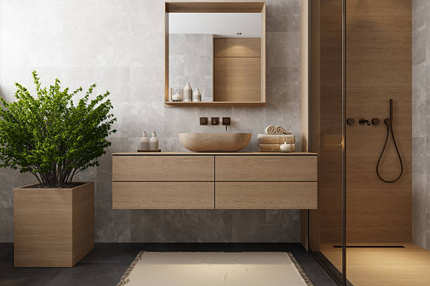 istock Japandi Bathroom Interior with Natural Wood and Minimal Design 2241693601