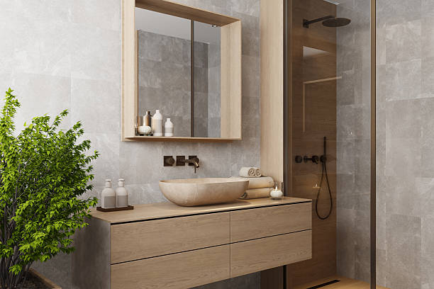 istock Japandi Bathroom Interior with Natural Wood and Minimal Design 2241694111